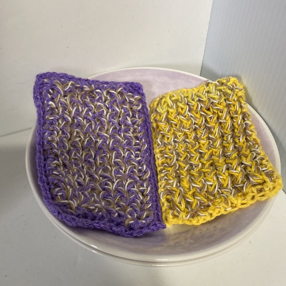 2 Handmade Knitted Scrubby Scrubbie Dish Sponges Yellow Purple Tan Beige - Picture 2 of 5